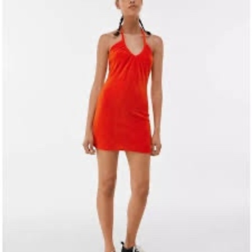 Bershka Orange Terry Cloth Halter Mini Dress Size XS Y2K Retro Beach Coverup